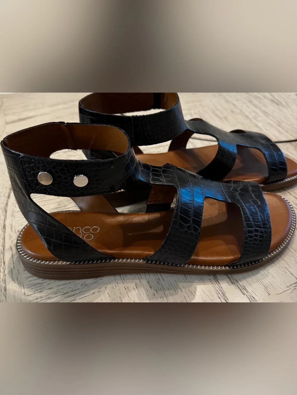 Franco Sarto Genevia Black Croc Embossed Gladiator Sandals Size 9
